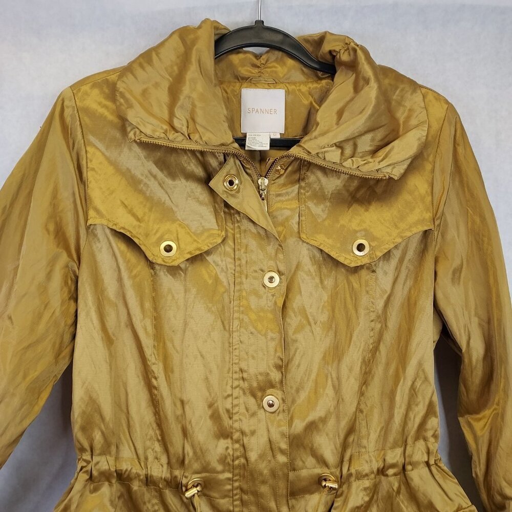 Spanner Utility Jacket Women 12 Stud Bell Sleeve Shiny Metallic Gold Slinky Glam - Picture 6 of 16